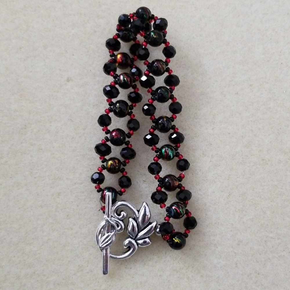 Black & red glass beaded multi-strand bracelet